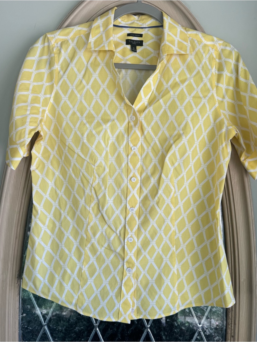 Talbots Yellow and White Geometric Petite Blouse